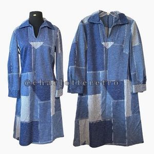 70s vtg Patchwork Poly Knit Dress